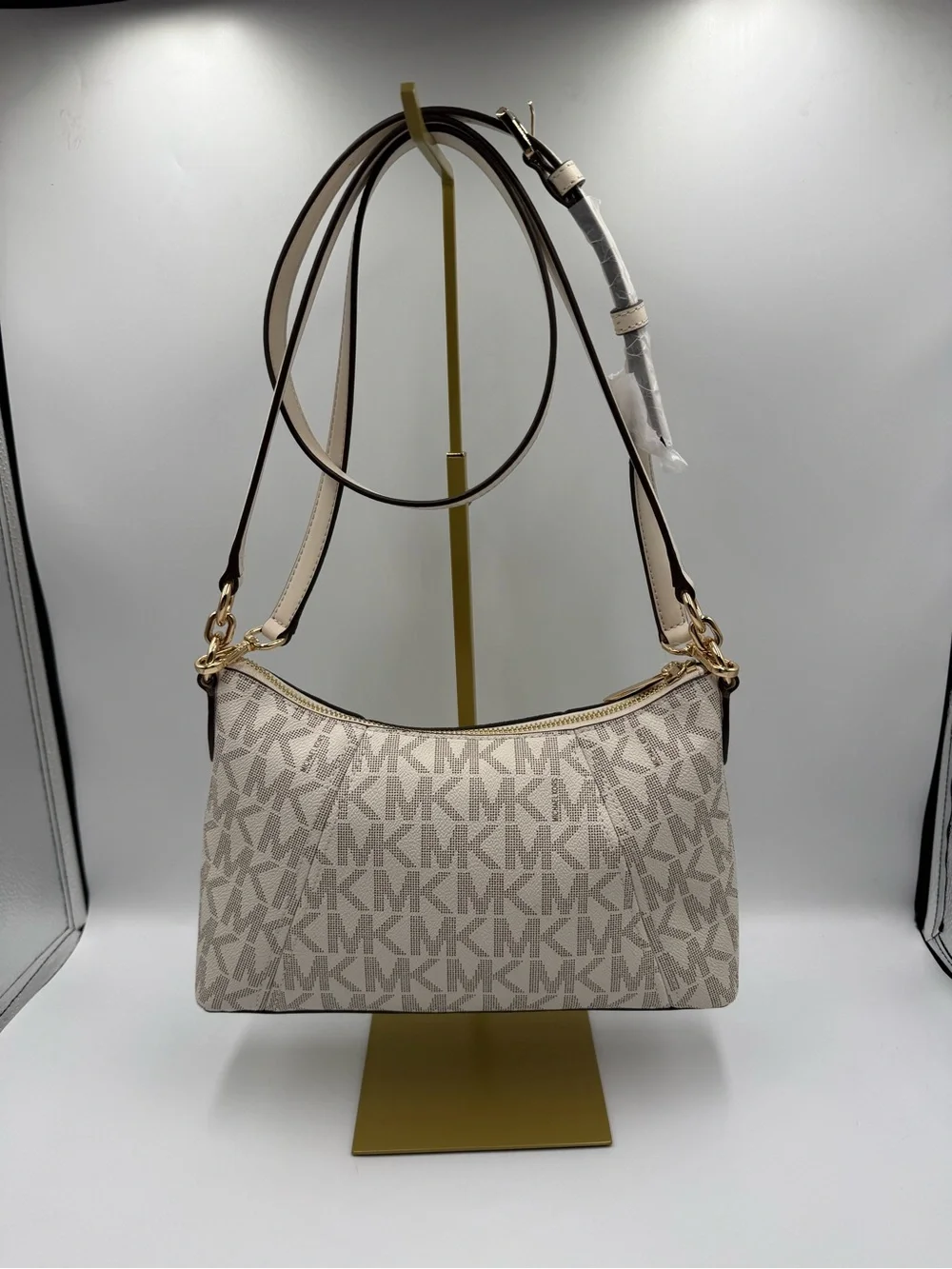 Michael Kors Cream MK Logo Shoulder Bag with Gold Hardware